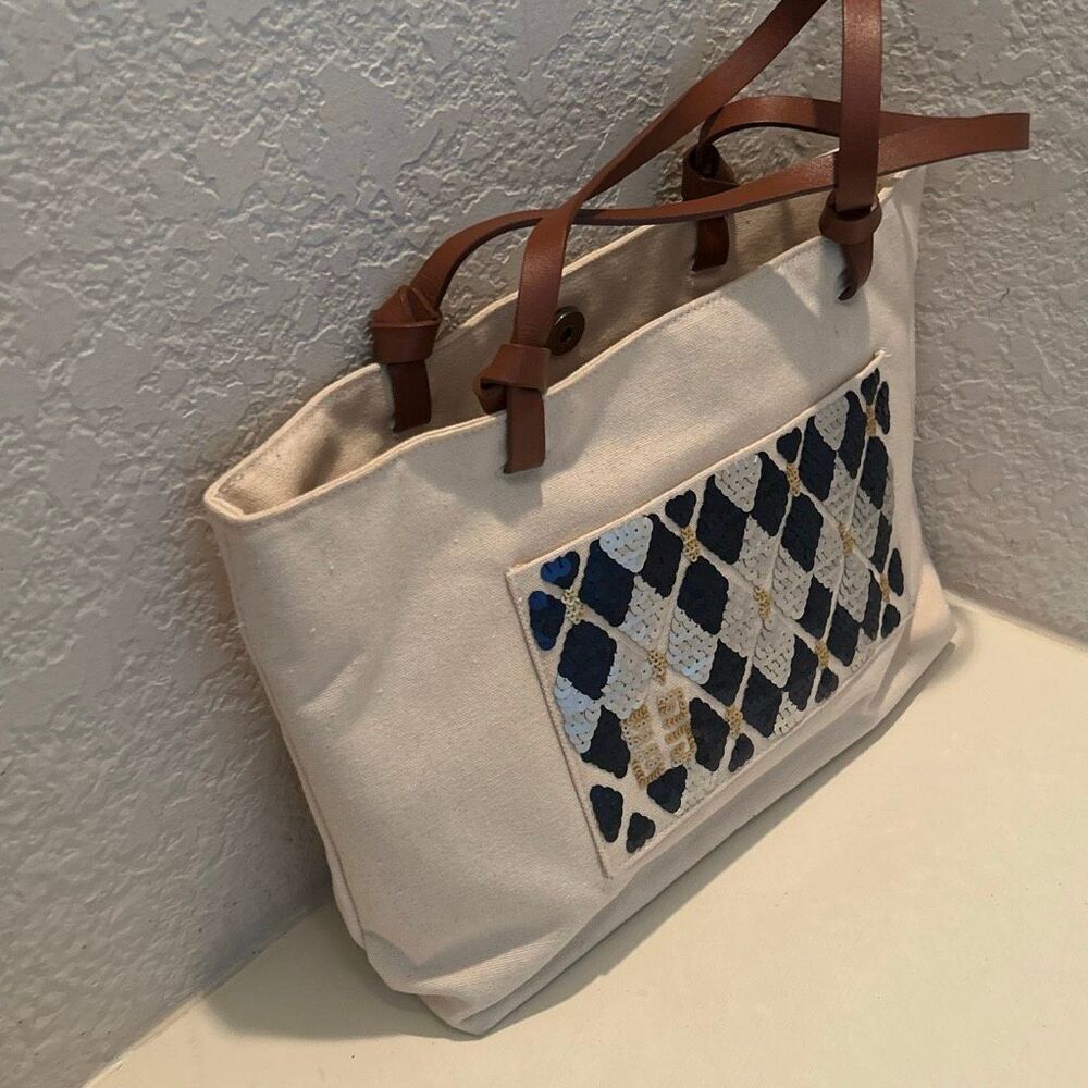Givenchy Canvas Tote Bag Silver Gold Blue Sequin Dimond Panel Coastal Resortwear - Picture 13 of 16